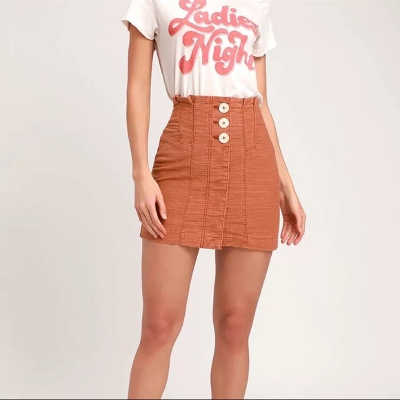 Free People Rust Orange Textured High Waisted Button Front Mini Skirt Size 2 - Picture 2 of 7